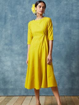 Okhai - Yellow Golden Lover Mirror Work Pure Cotton Dress