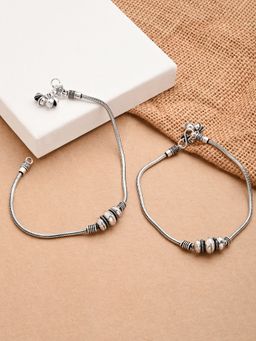 Fida - Ethnic Oxidised Silver Black Beaded Anklets for Women