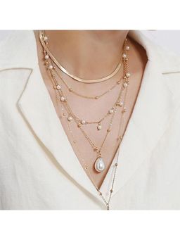 Yellow Chimes - Women Gold-Toned and White Multilayer Pearl Charmed Necklace
