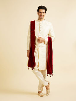 Manyavar - Red Velvet Plain Hand Embroidery Dupatta for Men