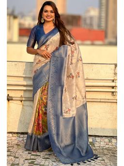 SGF11 - Blue Womens Kanjivaram Kalamkari Pure Soft Silk Saree with Unstitched Blouse
