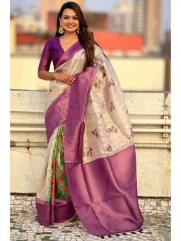 SGF11 - Purple Womens Kanjivaram Kalamkari Pure Soft Silk Saree with Unstitched Blouse