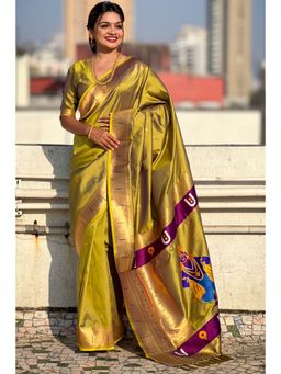 SGF11 - Mahendi Green Womens Kanjivaram Paithani Pure Soft Silk Saree with Unstitched Blouse