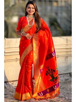 SGF11 - Orange Womens Kanjivaram Paithani Pure Soft Silk Saree with Unstitched Blouse