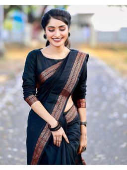 Anjaneya Sarees - Black Woven Designer Banarasi Silk Kanjivaram Saree with Unstitched Blouse