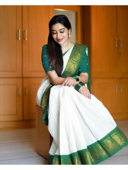 Anjaneya Sarees - White Woven Designer Banarasi Silk Kanjivaram Saree with Unstitched Blouse