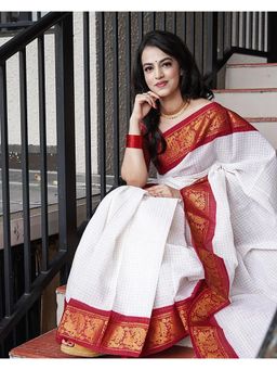 Anjaneya Sarees - White Woven Designer Banarasi Silk Kanjivaram Saree with Unstitched Blouse