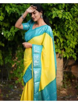 Anjaneya Sarees - Yellow Woven Designer Banarasi Silk Kanjivaram Saree with Unstitched Blouse