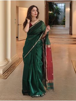 Anjaneya Sarees - Green Woven Designer Cotton Silk Kanjivaram Saree with Unstitched Blouse