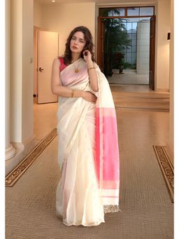 Anjaneya Sarees - White Woven Designer Cotton Silk Kanjivaram Saree with Unstitched Blouse