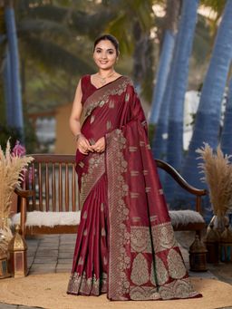 Manohari - Womens Most Trendy Banarasi Woven Maroon Saree with Unstitched Blouse
