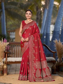 Manohari - Womens Most Trendy Banarasi Woven Red Saree with Unstitched Blouse