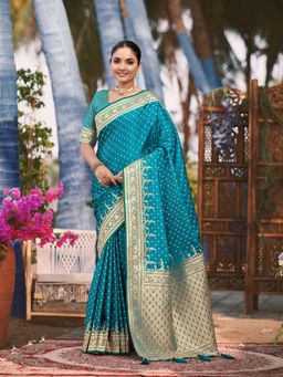 Manohari - Womens Most Trendy Banarasi Satin Silk Woven Turquoise Blue Saree with Unstitched Blouse