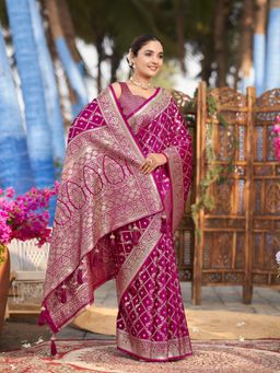 Manohari - Womens Most Trendy Banarasi Satin Silk Woven Pink Saree with Unstitched Blouse