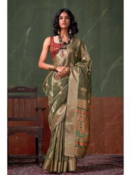 Mysilklove - Millbrook Green Banarasi Handloom Saree without Blouse