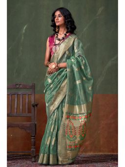 Mysilklove - Viridian Green Banarasi Handloom Saree without Blouse