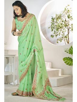 Mysilklove - Feijoa Green Woven Linen Saree without Blouse