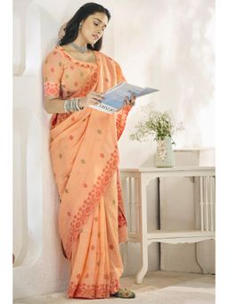 Mysilklove - Apricot Peach Woven Linen Saree without Blouse