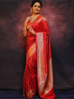 Anjaneya Sarees - Red Woven Designer Banarasi Silk Kanjivaram Saree with Unstitched Blouse