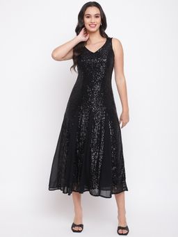 Latin Quarters - Black Embillished Midi Dress with Sequin & Pleats