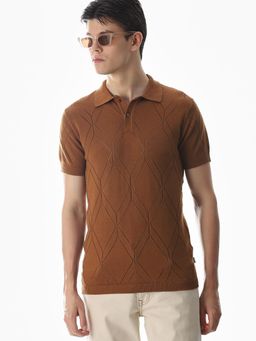 Jack & Jones - Men Brown Self Design Polo T-Shirt