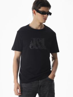 Jack & Jones - Men Black Self Design T-Shirt