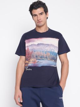 Guess - Men Navy Blue Graphic T-Shirt