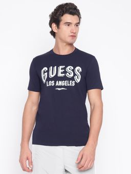Guess - Men Navy Blue Printed T-Shirt