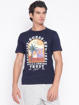 Guess - Men Navy Blue Printed T-Shirt