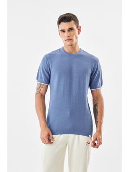 Snitch - Blue Textured Half Sleeves Regular Casual T-Shirt for Men