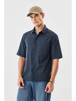 Snitch - Navy Blue Textured Half Sleeves Oversized Casual Shirt for Men