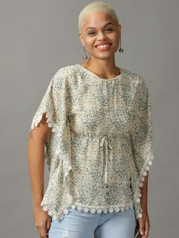 SHOWOFF - Womens Half Sleeves Round Neck Cream Printed Top