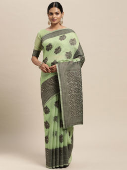 Sareemall - Womens Silk Blend Green Woven Design Saree with Unstitched Blouse