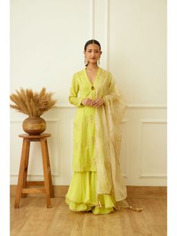 Nikasha - Lime Green Foil Embroidered Sharara (Set of 3)