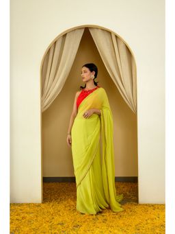 Nikasha - Lime Green Pure Silk Chiffon Saree with Stitched