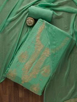 Koskii - Sea Green Zariwork Semi Crepe Unstitched Salwar Suit (Set of Three)
