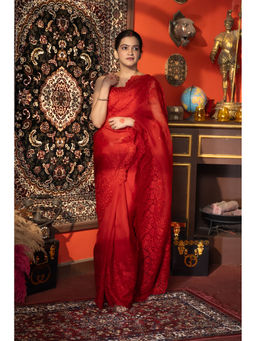 Zal from Benaras - Red Pure Organza Silk Saree without Blouse with Chikankari Hand Embroidery