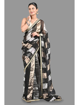 Zal from Benaras - Black Pure Organza Silk Stripe Zari Saree without Blouse