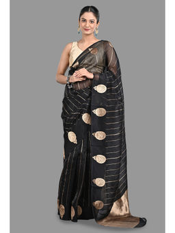 Zal from Benaras - Black Pure Organza Silk Banarasi Handloom Saree without Blouse