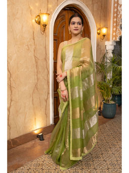 Zal from Benaras - Pista Green Pure Organza Silk Stripe Zari Saree without Blouse