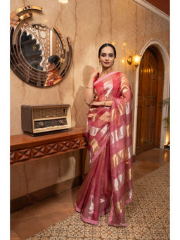 Zal from Benaras - Onion Pink Pure Organza Silk Stripe Zari Saree without Blouse