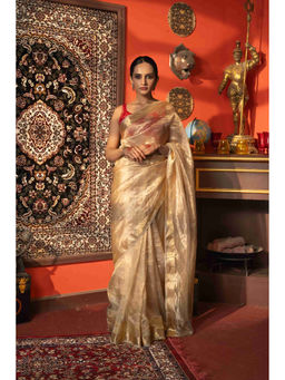 Zal from Benaras - Golden Plain Pure Tissue Silk Banarasi Handloom Saree without Blouse