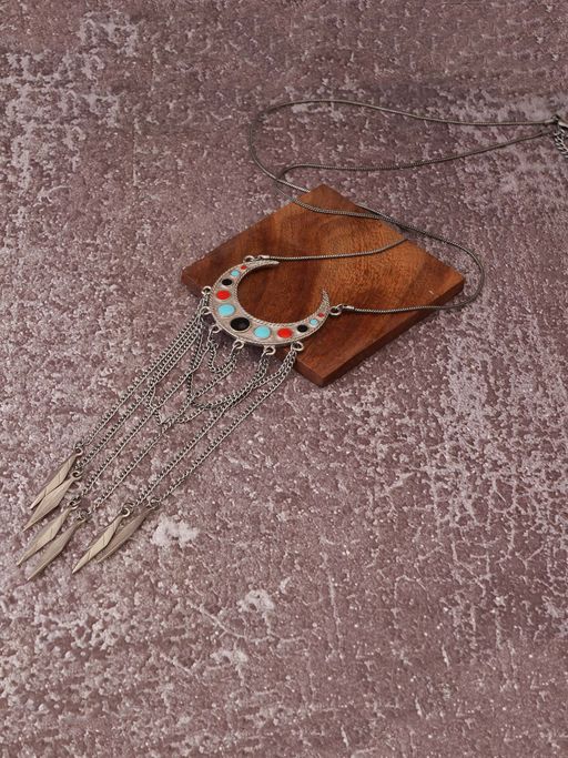 Estele Rhodium Plated Crescent Shape Enamel with Leaf Necklace for Women