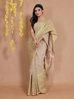CHARUKRITI - Beige Cotton Handspun Zari Woven Floral & Bird Designs Saree with Unstitched Blouse