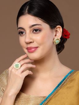Dugran By Dugristyle - Green & Cream Stud Earring with Kundan & Pearls