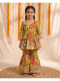 Autumnlane - Yellow Floral Cotton Kurta and Sharara
