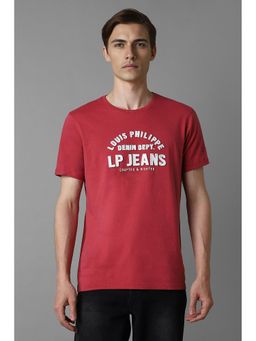 Louis Philippe - Men Red Embroidered Crew Neck T-Shirt