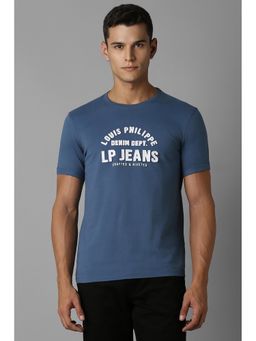Louis Philippe - Men Blue Embroidered Crew Neck T-Shirt