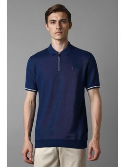 Louis Philippe - Men Navy Textured Collar Neck Polo T-Shirt