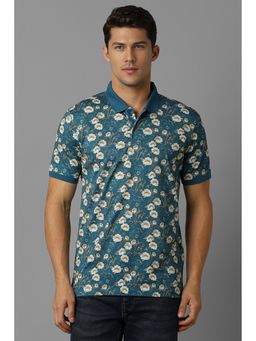 Louis Philippe - Men Blue Floral Print Collar Neck Polo T-Shirt